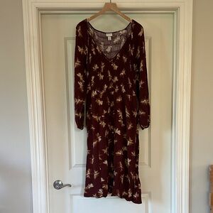 Ava & Viv | Maroon + Gold Floral Maxi Dress with Long Sleeves